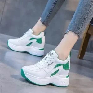 Mofofashion Women Fashion Round Toe Platform Medium Heel Lace-Up Colorblock Sneakers