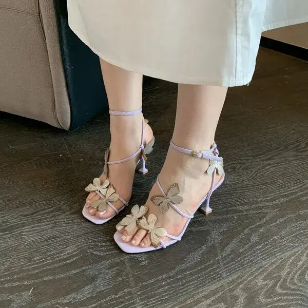 Mofofashion Summer Women Fashion Sexy Butterfly Square Toe Heeled Sandals
