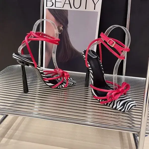 Mofofashion Women Fashion Casual Lace-Up Bow Color Blocking Stiletto Heel Sandals