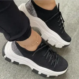 Mofofashion Wedge Heel Flying Woven Colorblock Lace-Up Sneakers Large Size Casual Low Top Women Shoes