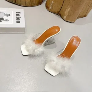 Mofofashion Women Fashion Sexy Feather Decoration Solid Color Chunky High Heel Slippers Shoes