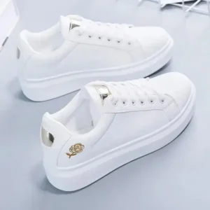 Mofofashion Women Casual Fashion Rose Embroidery Thick-Soled Comfortable PU Leather White Sneakers