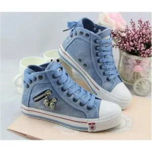 Mofofashion Women Casual Spring Zipper Decor Lace-Up High Top Denim Canvas Sneakers