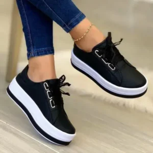 Mofofashion Women Casual Round Toe Lace-Up Block Color Platform Shoes PU Sneakers