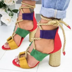 Mofofashion Women Fashion Sexy Cross Hollow Lace Up Design Color Blocking High Heel Sandals Shoes