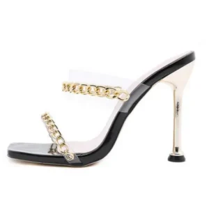 Mofofashion Women Sexy Plus Size Metal Chain Square-Toe High Heel Sandals