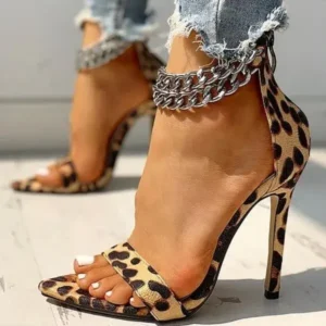 Mofofashion Women Sexy Metal Chain Buckle Ankle Strap Animal Printed High Heels