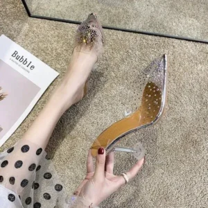 Mofofashion Women Fashion Sexy Rhinestone Decorative Pointed Toe Transparent High Heel Sandals