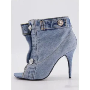 Mofofashion Women Fashion High Heel Denim Button High Top Boots