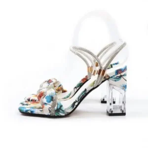 Mofofashion Women Fashion Sexy PU Rhinestone Floral Printed Square Toe Chunky Heel ?Sandals