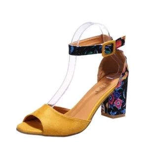 Mofofashion Women Fashion Sexy PU Floral Printed Peep Toe Chunky Heel Ankle Strap Buckle Sandals