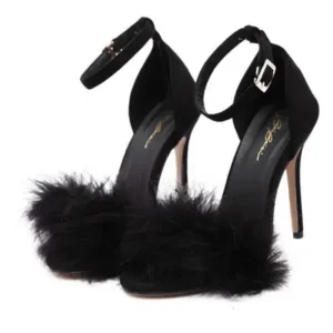 Mofofashion Women Fashion Sexy PU Solid Color Feather Peep Toe Stiletto Heel Ankle Strap Buckle Sandals