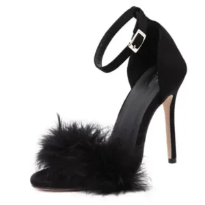 Mofofashion Women Fashion Sexy Solid Color Feather Peep Toe Stiletto Heel Ankle Strap Buckle Sandals