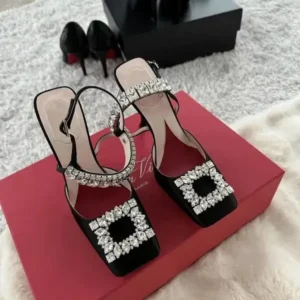 Mofofashion Women Fashion Elegant PU Square Toe Rhinestone Stiletto Heel Ankle Strap Buckle Sandals