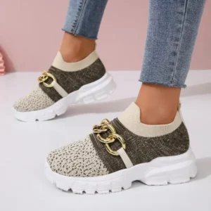 Mofofashion Women Fashion Color Block Metal Chain Thick-Soled Breathable Fly-Woven Sneakers