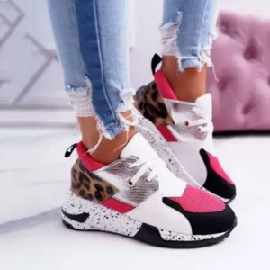 Mofofashion Women Casual Leopard Printed Patchwork Lace Up Sneakers