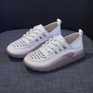 Mofofashion Women Fashion Casual Solid Color PU Lace-Up Hollow Breathable Sneakers