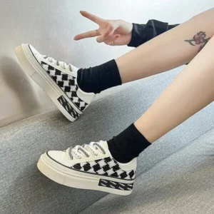 Mofofashion Women Fashion Platform Checkerboard Canvas Sneakers