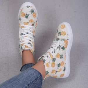 Mofofashion Women Fashion Round Toe Lace-Up Pineapple Strawberry Flat Sneakers