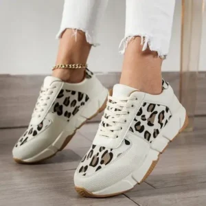 Mofofashion Women Fashion Round Toe Stitching Lace Up Low Top Leopard Sports Sneakers